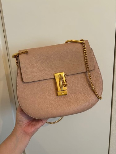 Chloe Drew Leather Gold Chain Shoulder Bag Pink Beige from Japan - Afbeelding 1 van 6