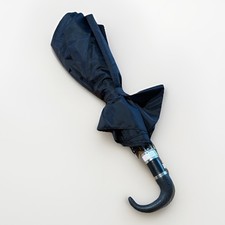 Vintage Compact Folding Umbrella Black Silver Curved J Hook Handle