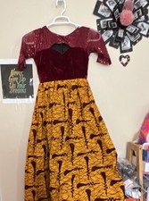 Girls African Print Dress Red Sequin Top Burgundy Velvet Yellow Skirt