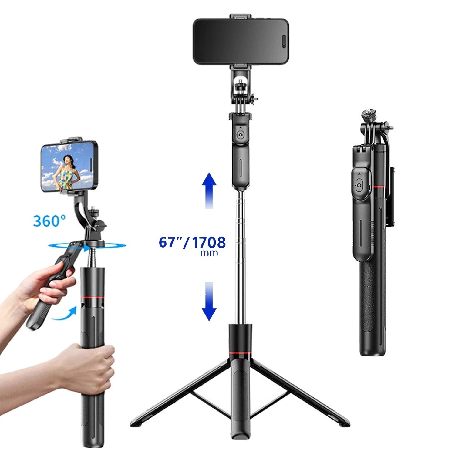 67" Cell Phone Selfie Stick Tripod Wireless Remote Extendable for iPhone/Android