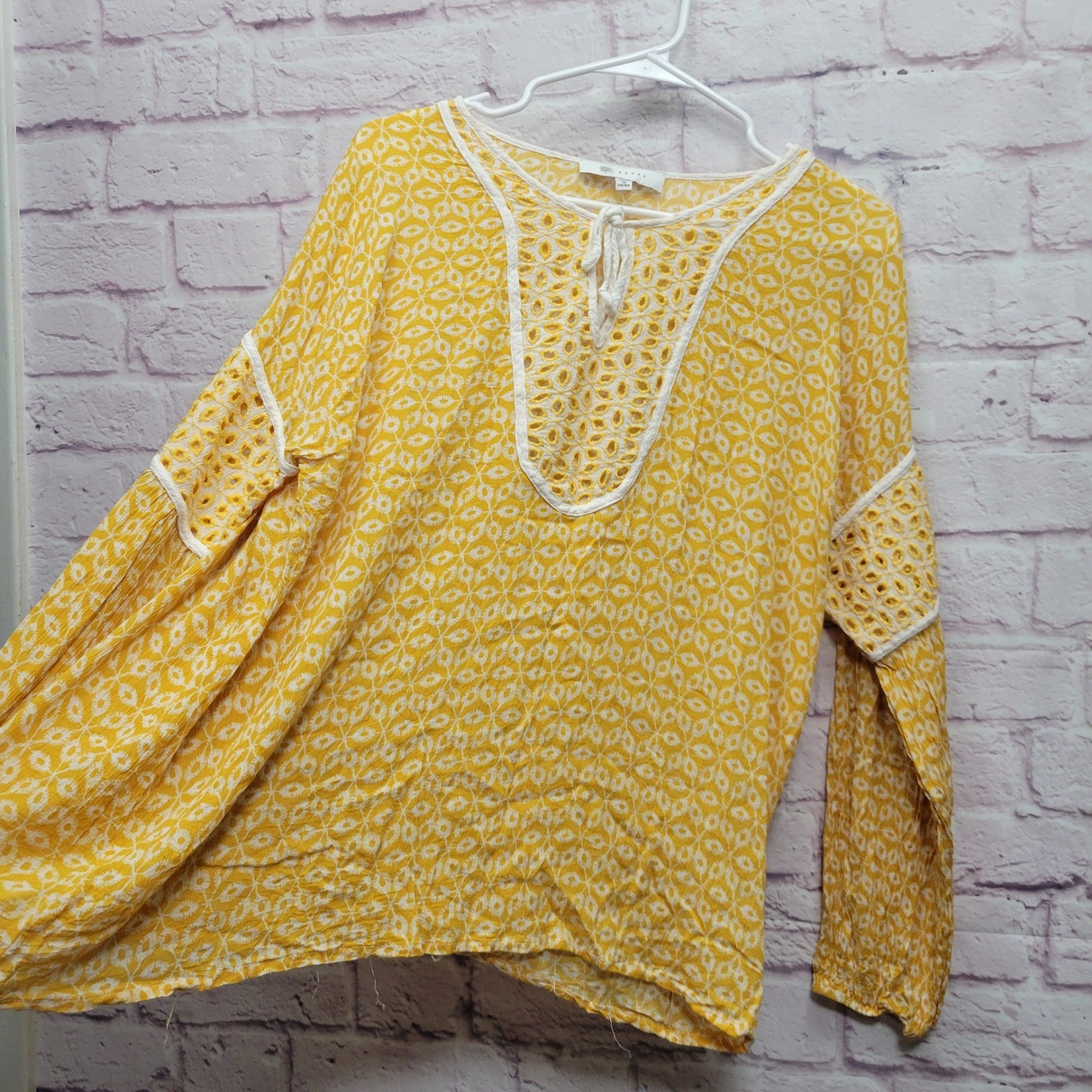 Fever Mango Mojito Embroidered Peasant Top Womens XL Yellow Boho Hippie Festival thumbnail 5