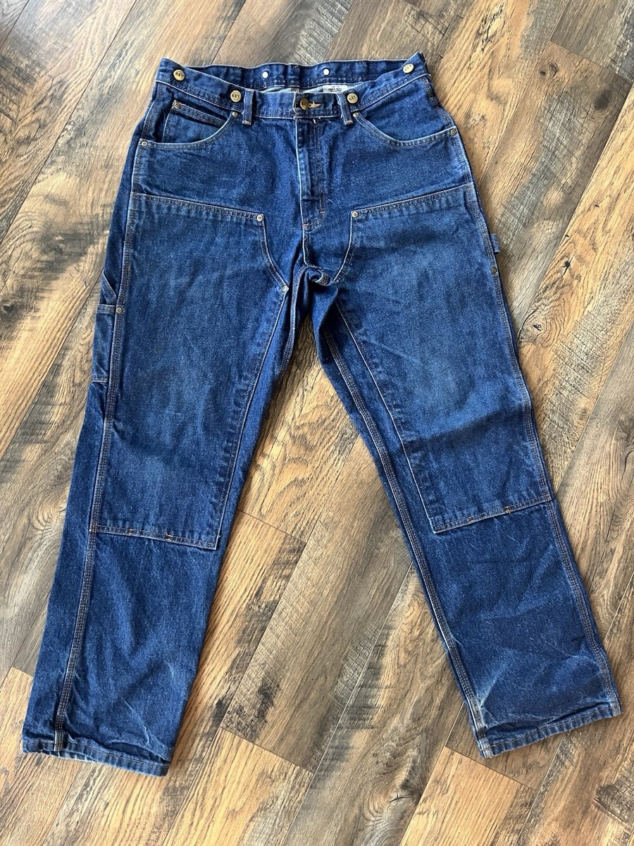 Mens Key Double Knee Dark Wash Suspender Button Work Logger Jeans