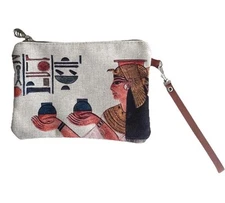 Beige Egyptian Cleopatra Canvas Wristlet Hand Wallet