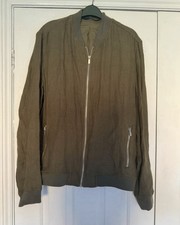 Zara Men’s Khaki Green Linen Lightweight Bomber Jacket, Size XL