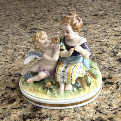 Meissen Hand Painted Porcelain Figurine Girl w/ Cherub Angel, Glossy Oval