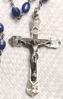Vintage Catholic Sterling Silver Rosary Deep Blue Glass Bead Rosary