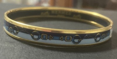 HERMES Enamel Bangle Bracelet Harness Pattern Blue & Gold Vintage