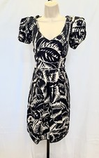 Marc Jacobs $995 Black Blue White Leaf Print SL Cotton Geometric Dress SZ 6