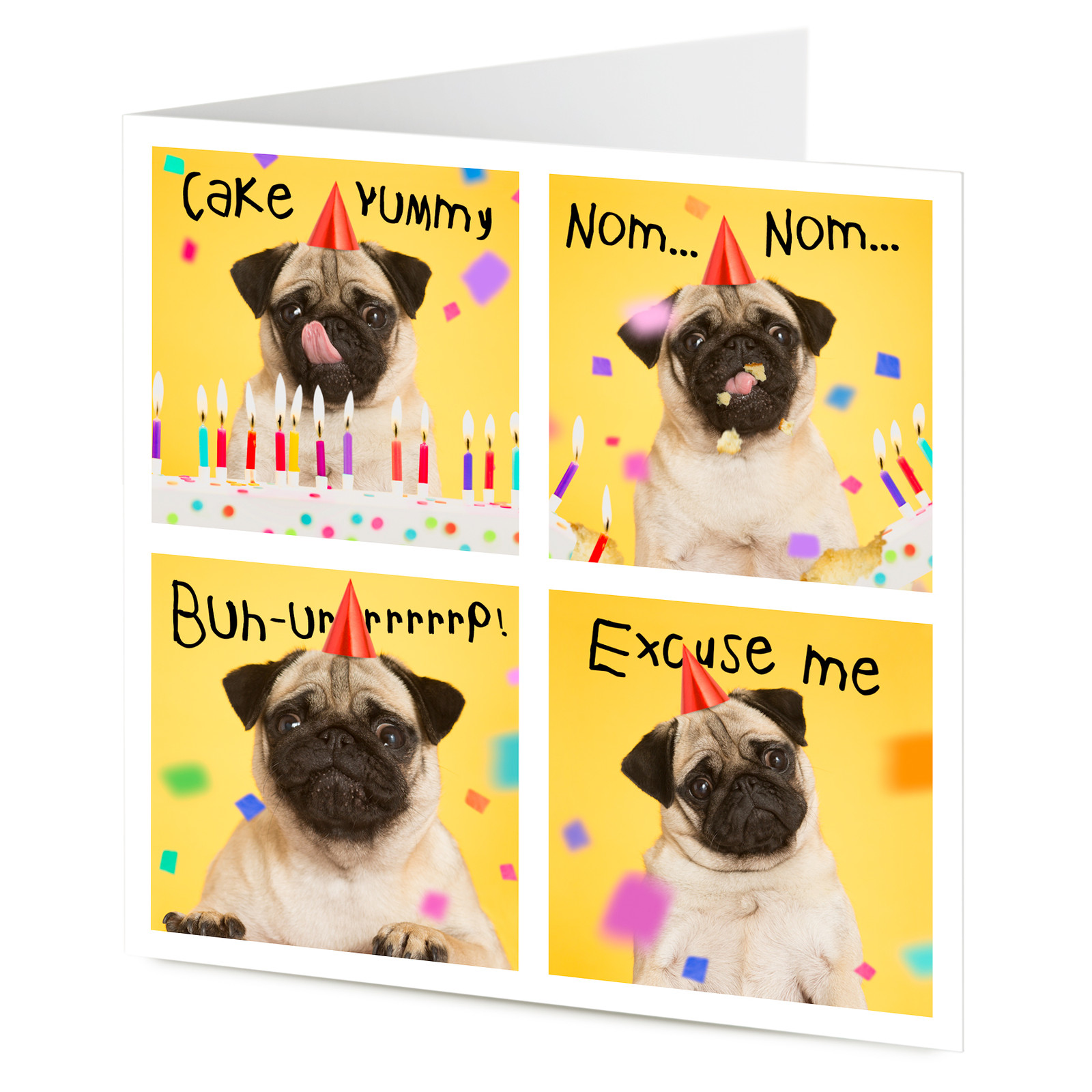 Funny greedy party pug dog burping eating cake – Birthday card
