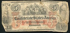 T-31 1861 $5 FIVE DOLLARS CSA CONFEDERATE STATES OF AMERICA RARE ISSUE