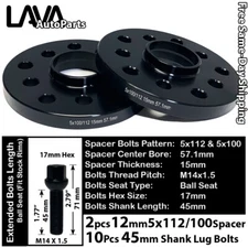 2PC 15MM THICK 5X112 & 5x100 57.1MM C.B WHEEL SPACER +14x1.5 BOLT FIT AUDI MODEL