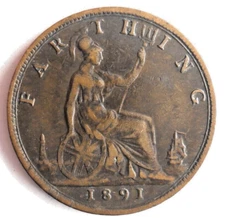 1891 GREAT BRITAIN FARTHING - Excellent Coin - FREE SHIP - Bin #719