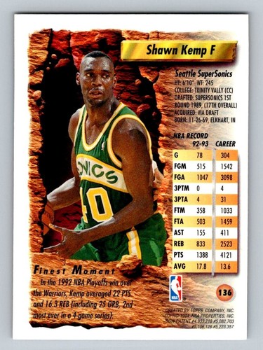 SHAWN KEMP 1993 Topps Finest Autographed NBA card TTM/IP signature - Picture 2 of 2