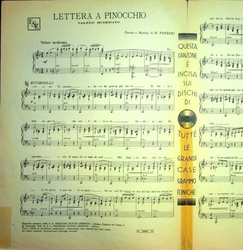 Spartito musicale Lettera a Pinocchio musica Mario Panzeri ...