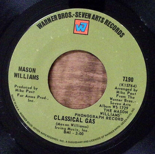 MASON WILLILAMS CLASSICAL GAS/LONG TIME BLUES WARNER BROS REC VINYL 45 51-205