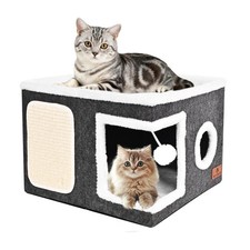 Felt Cat Cave Beds for Indoor Cats, Foldable Cat Hideaway with Scratch Pad an...