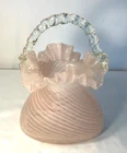 Vintage Pink Art Glass Basket Ruffled Edge Twisted Handle Possibly Fenton