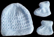 Handmade Knitted Baby Hat and Boot Set In baby blue Newborn Gift Set Brand New