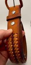 Vintage 1980s Hand-tooled brown tan Leather Braided Belt Size 38 Made in Mexico