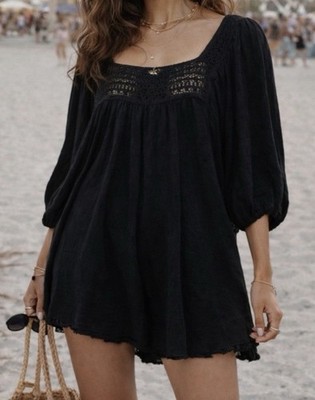 Free People Dancing in the Waves Romper Small Black Crochet Trim Boho Wide Leg