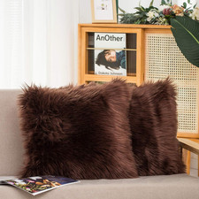 Set of 2 Brown Faux Fur Throw Pillow Covers 18x18 Fluffy Decorative Cushions