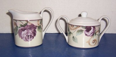 PTS Int. 222 Fifth Shiraz Creamer & Sugar Bowl w/ Lid Set Purple Roses Excellent