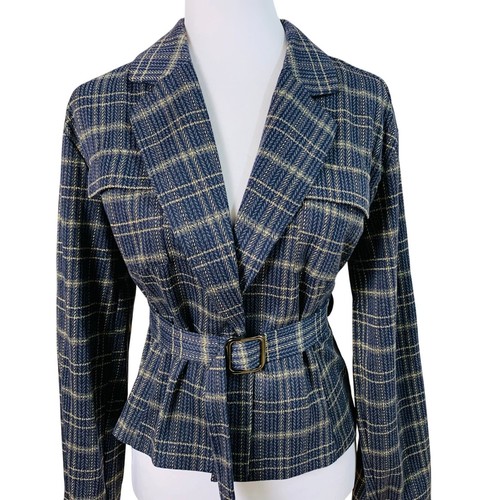 Modcloth Size S Metallic Gold Plaid Blazer Jacket Blue and Gold Belted Classic