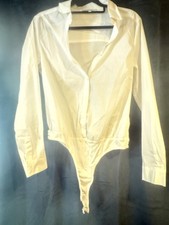 White Long Sleeve Collared Solid One Piece Bodysuit for Women, Regular Size