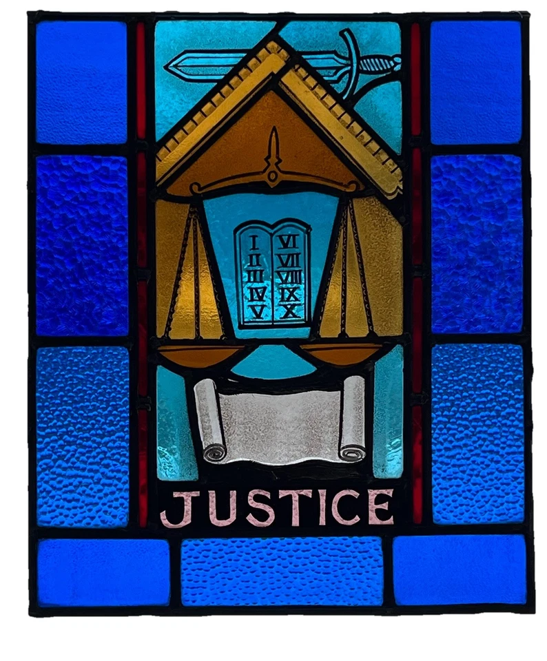 ANTIGUO VITRAL IGLESIA VENTANA "JUSTICIA" pintado vidrio cocido años 40 NYC Foto 4 de 4