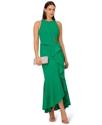 Adrianna Papell Women's Cascading-Ruffle Crepe Gown Vivid Green Size 14 $179