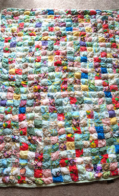 Vintage Handmade Puff Bubble Quilt  74  By 57  Cottage Core multicolor