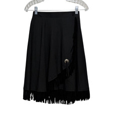 Vintage Black Western Skirt Size M 23-26x24 Elastic Waist Fringe Pull On Cotton