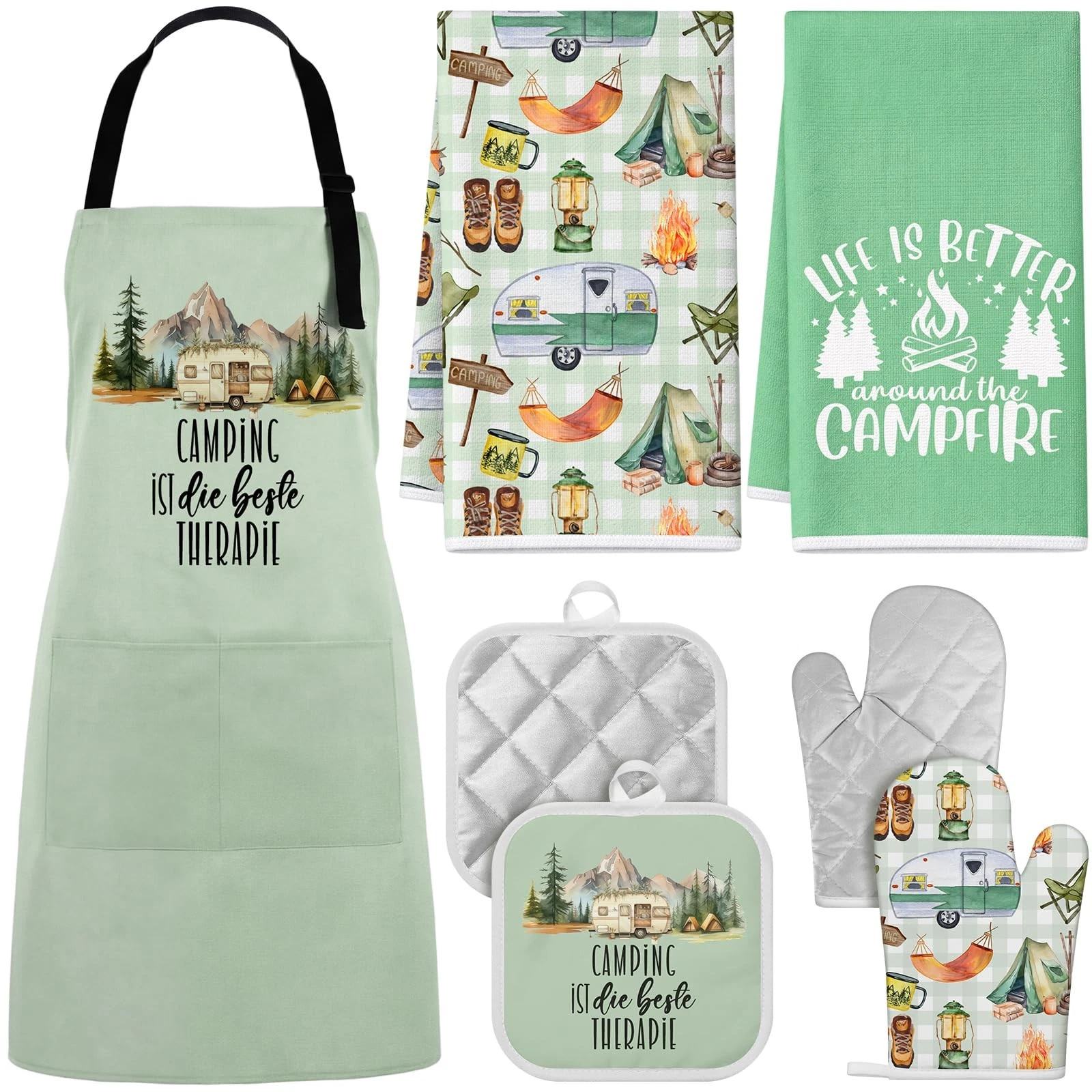7 Pcs Camping Kitchen Gift for Women 1 Apron 2 Dish Tea Towels 2 Oven Mitts 2...