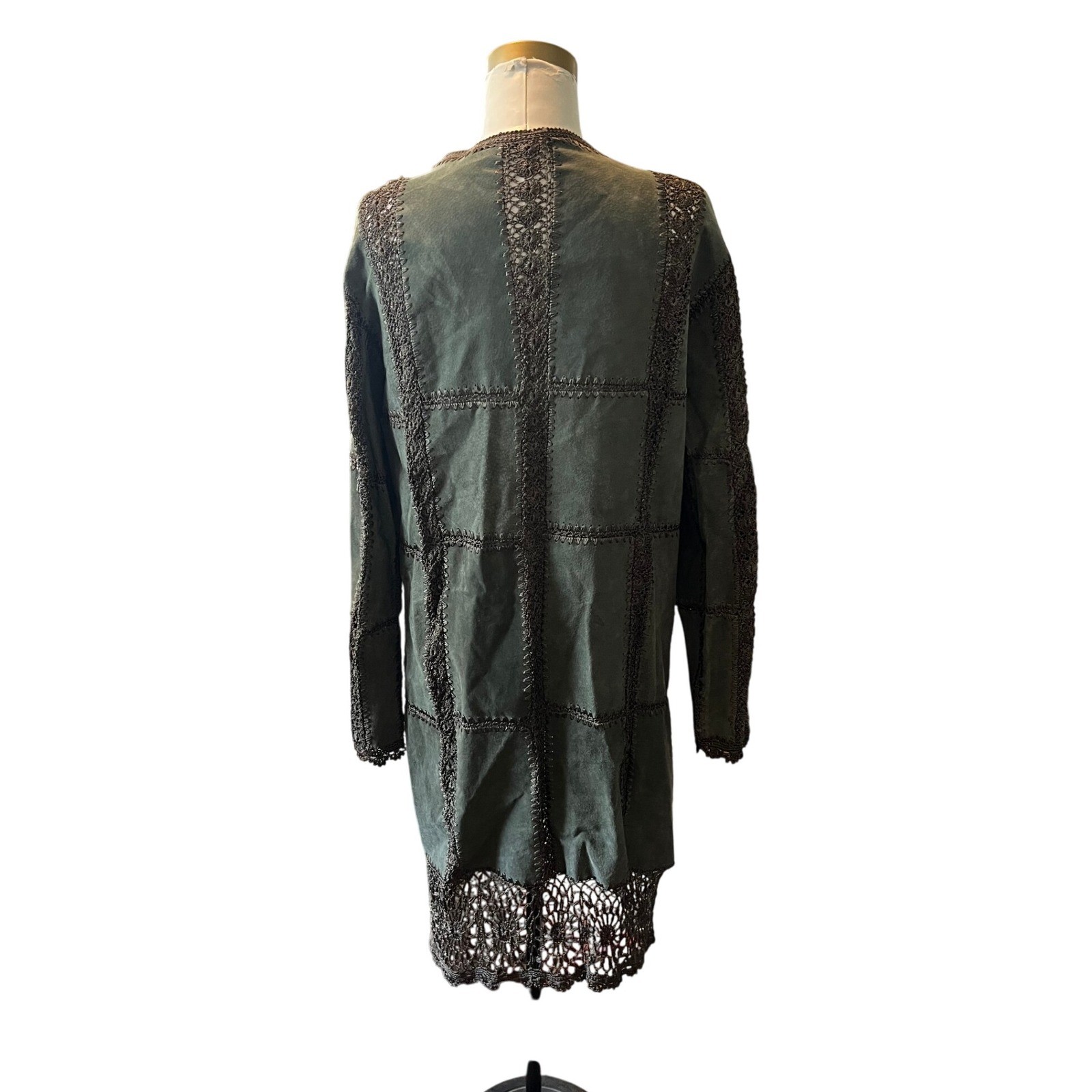 Duster leather Cardigan Patchwork Crochet Olive G… - image 1