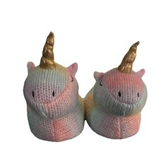 Women's Unicorn Bootie Slippers Pink Multicolor Knit Size 7-8 Gold Horn Ears