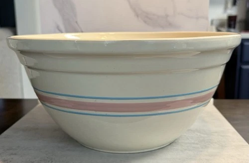 Antique McCoy Oven Ware Mixing Bowl Baking HUGE XL 14" Pink Blue Stripes USA VTG