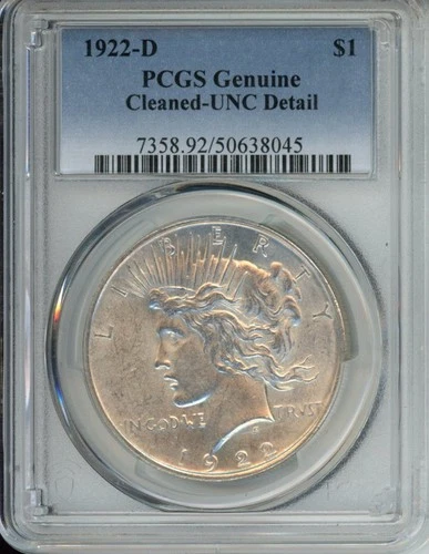 1922-D Peace Dollar PCGS Genuine UNC Details Cleaned Silver $1 Cert 50638045