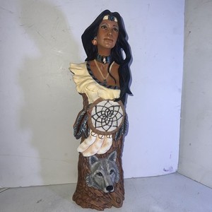 Vintage Handmade Ceramic Native American  Figurine  Lady, Wolf Statue 16.25” H