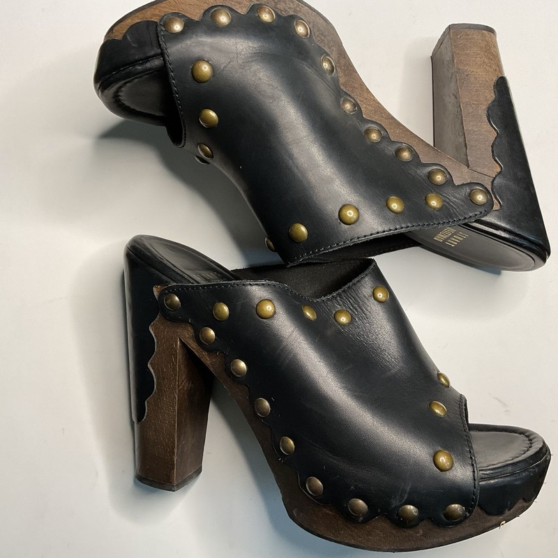 Stuart Weitzman Brown Leather Studded Platform Clogs Mules Retro Boho Sz 8.5