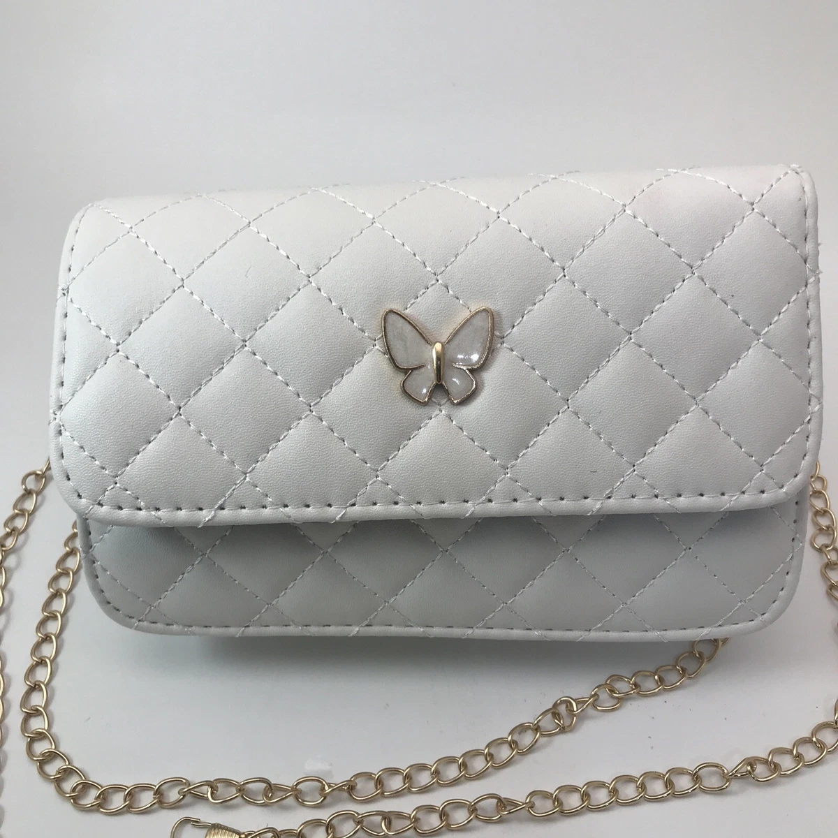 White Glitter Flap Butterfly Crossbody Chain Bag Purse