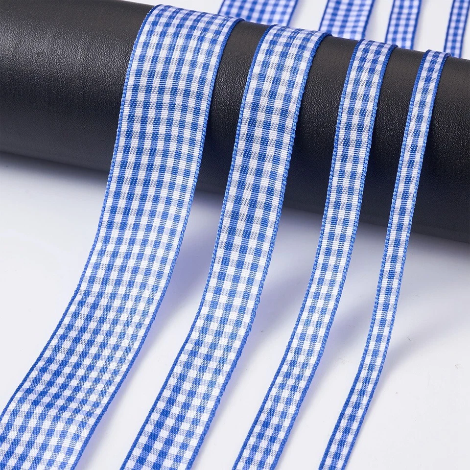 4 Rolls Blue Tartan Polyester Ribbon 3/8" 5/8" 1/4" 1" Gingham Checked Ribbon - Image 2 of 4