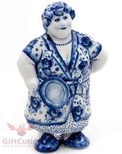 Gzhel porcelain figurine folk Russian woman mother in law or wife with a skillet