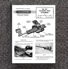 LATHE Taper Attachment Instructions & Parts Manual Fits 12" INCH CLAUSING 7114