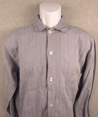 Hammacher Schlemmer Mens Button Up Short Sleeve Herringbone Shirt Medium Silver