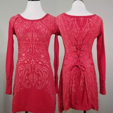 Athleta Lace Up Back Corset Dress XS Red Jacquard Burnout Long Sleeve Stretch