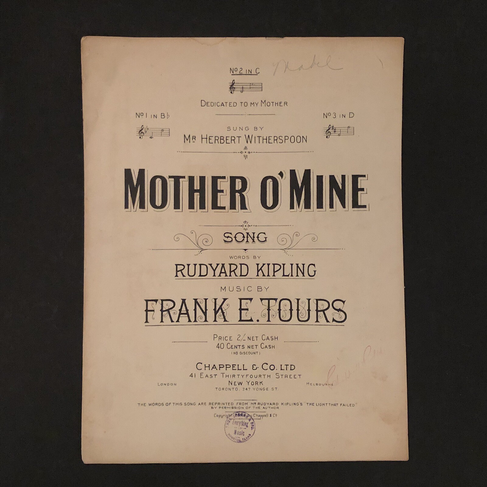 Antique Sheet Music Mother O' Mine Rudyard Kipling Frank Tours 1903 | eBay