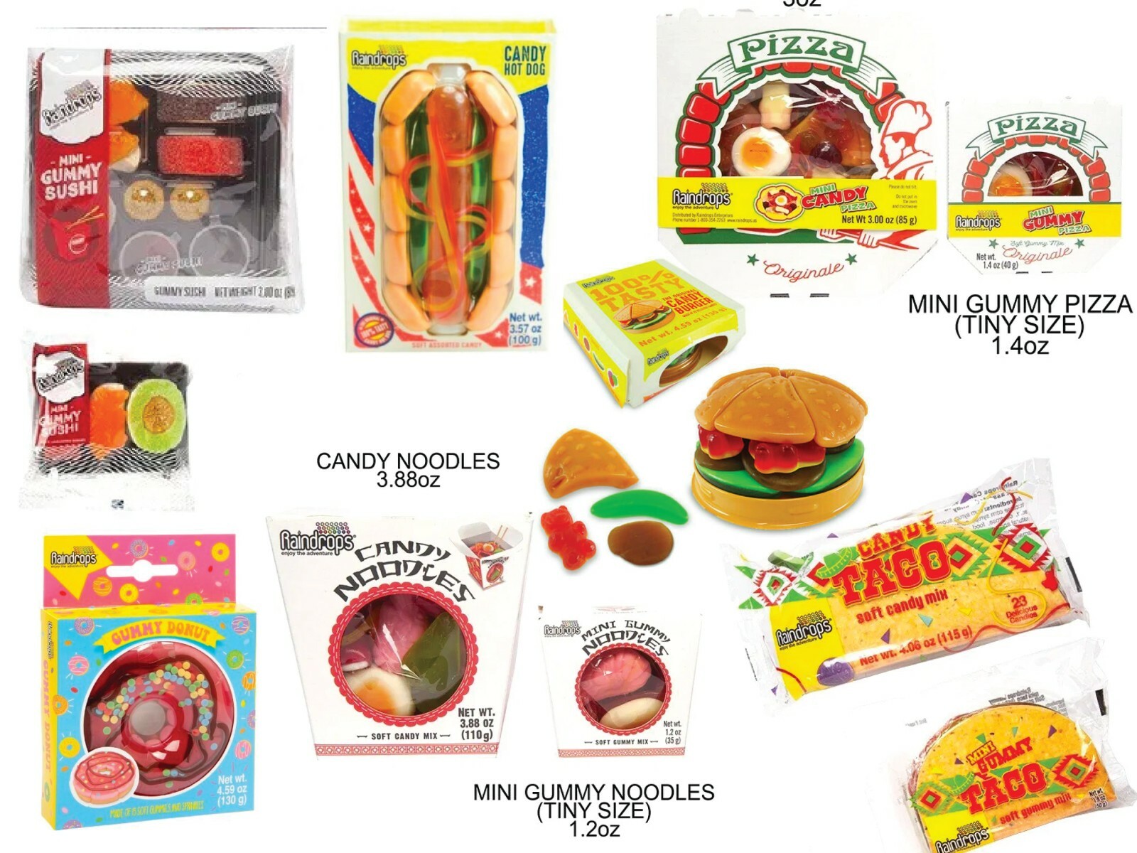 Raindrop Novelty Gummy Candy, Burger taco pizza sushi noodle doughnut