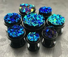 PAIR Synthetic Blue Druzy Stone Screw Fit Tunnels Plugs Gauges Body Jewelry