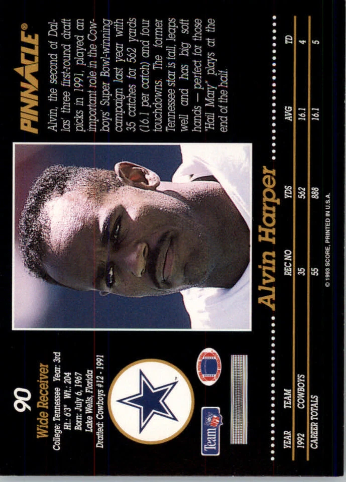 1993 Pinnacle Football #90 Alvin Harper - Dallas Cowboys - Image 2 of 2