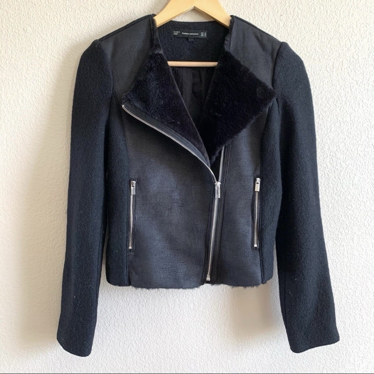 Zara Trafaluc Black Moto Jacket Faux Fur Collar XS | eBay